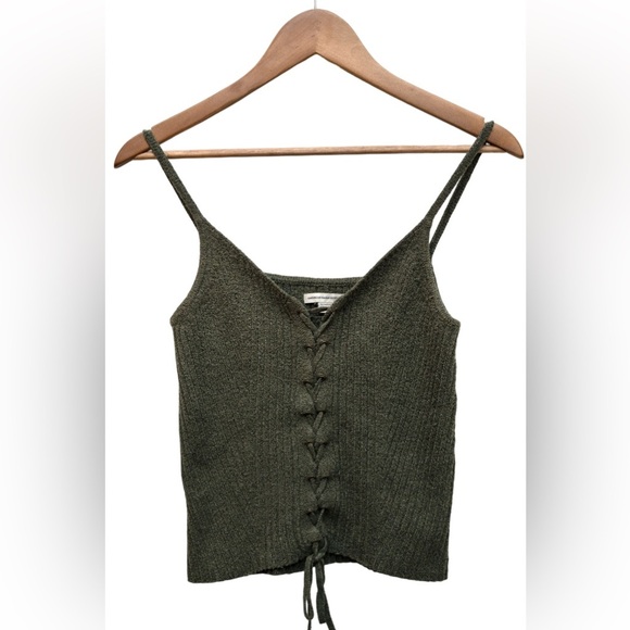 American Eagle Ribbed Knit Lace-Up Tank Olive Green Y2K Cottagecore - Picture 1 of 4